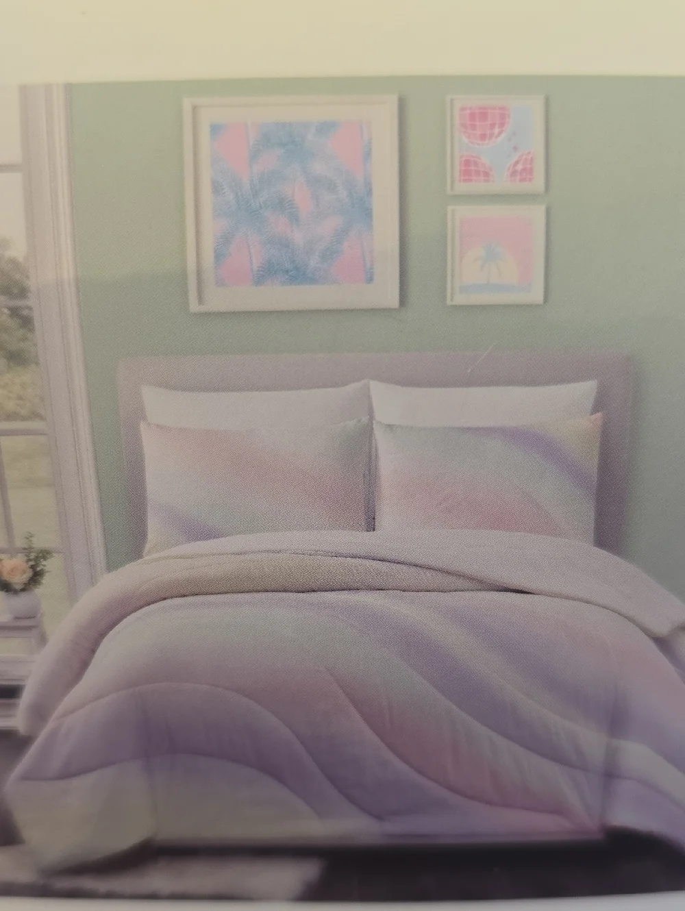 Wave Print Comforter & 2 Standard Shams Set - Pastel Multicolor (Full/Queen) New